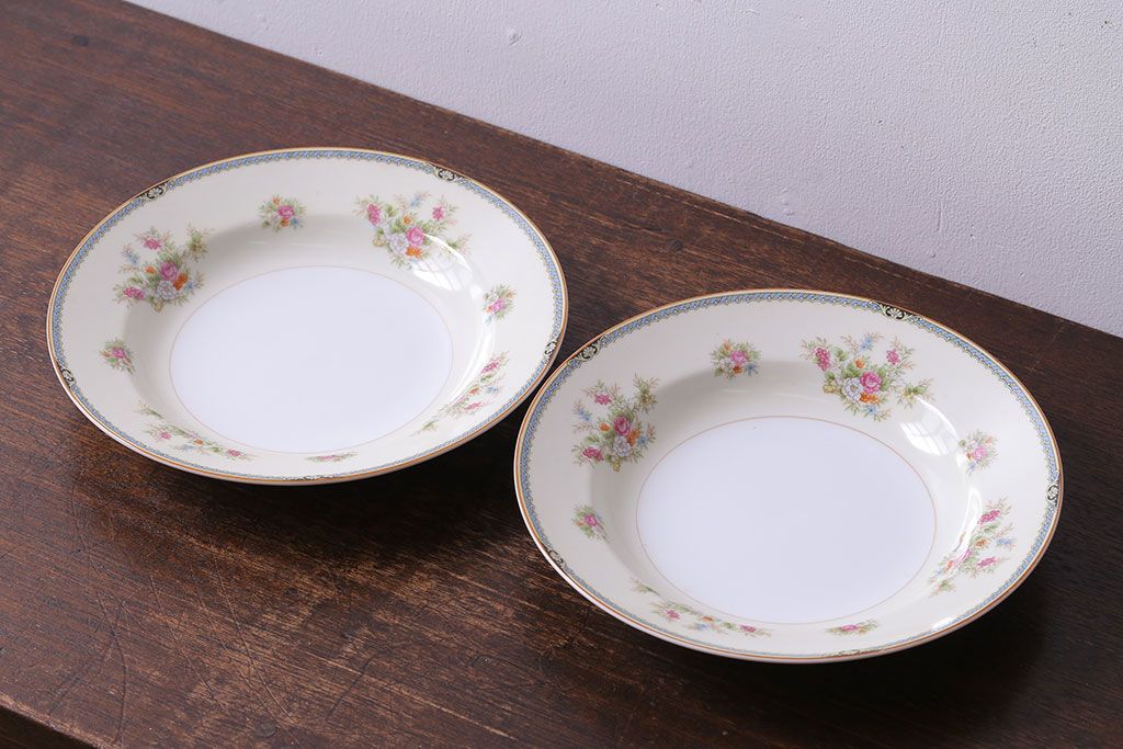 中古　ノリタケ(Noritake、則武)　可憐な花柄が魅力のスープ皿(洋食器)2枚セット