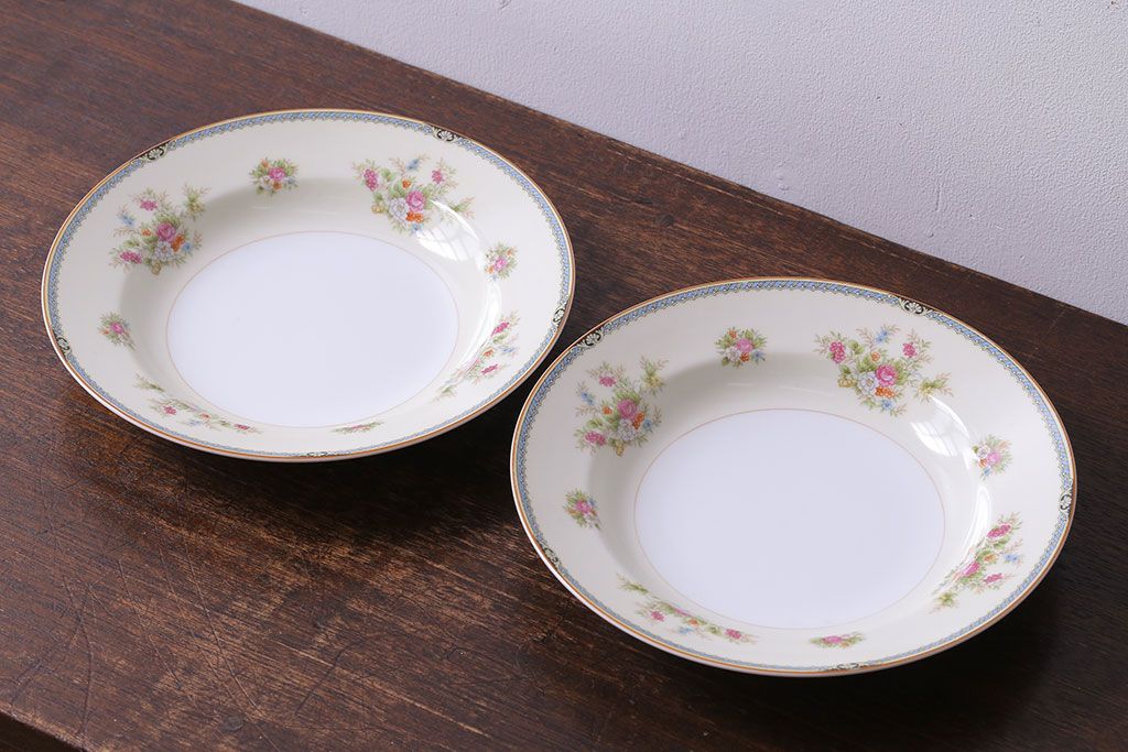 中古　ノリタケ(Noritake、則武)　柔らかな色味と花柄が愛らしいスープ皿(洋食器)2枚セット