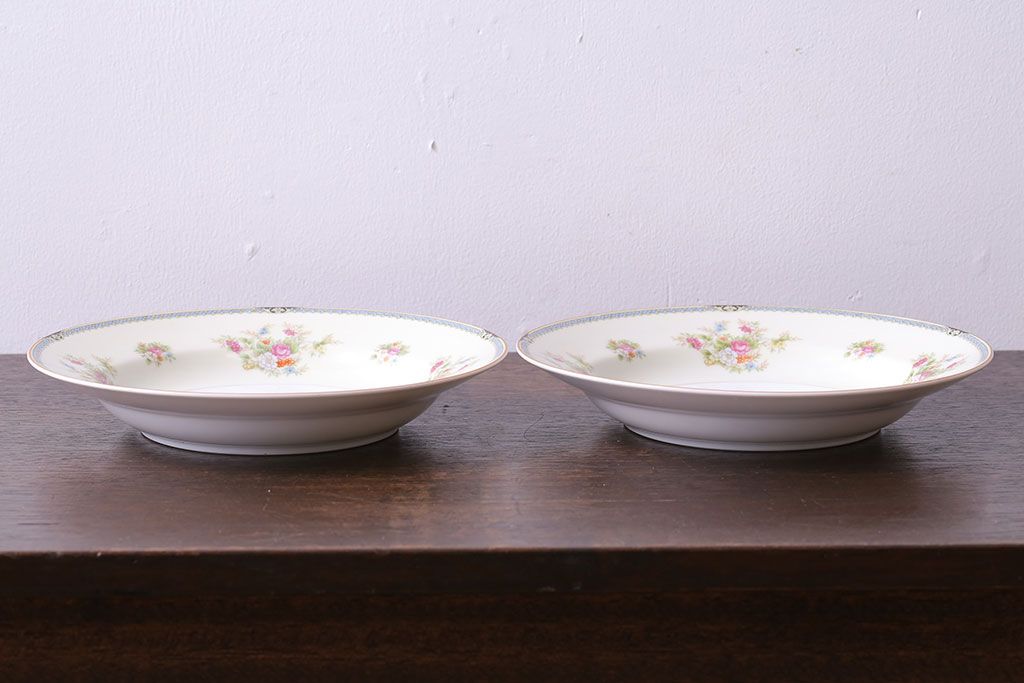 中古　ノリタケ(Noritake、則武)　柔らかな色味と花柄が愛らしいスープ皿(洋食器)2枚セット