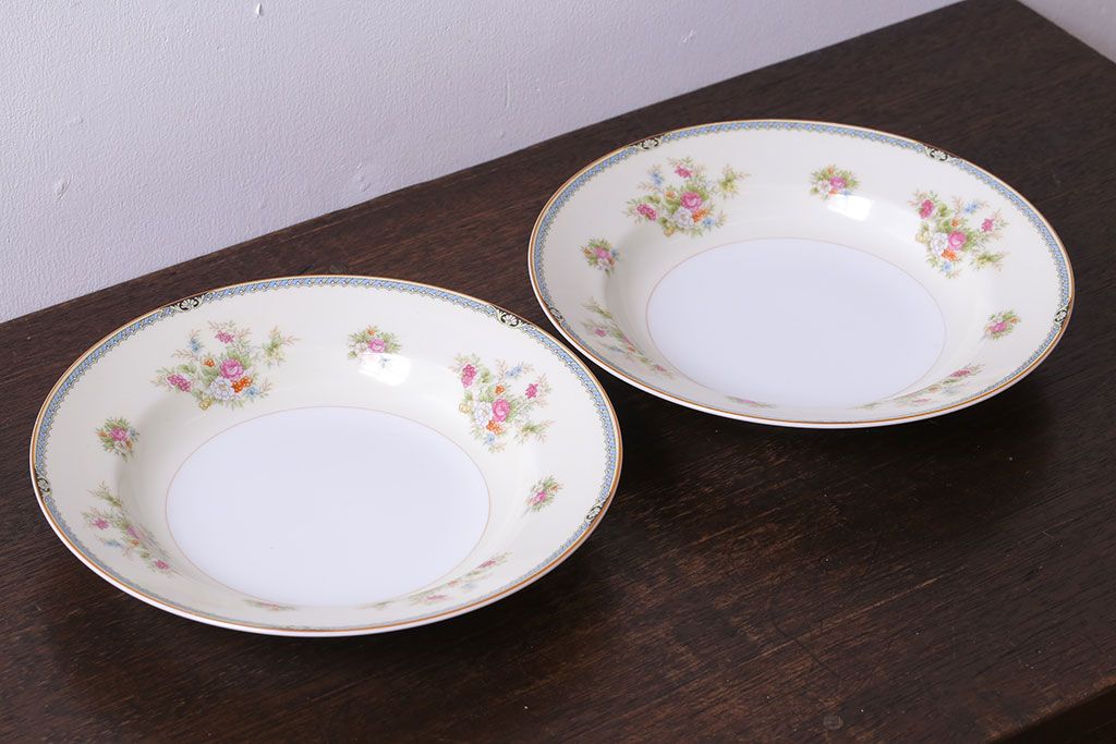 中古　ノリタケ(Noritake、則武)　柔らかな色味と花柄が愛らしいスープ皿(洋食器)2枚セット