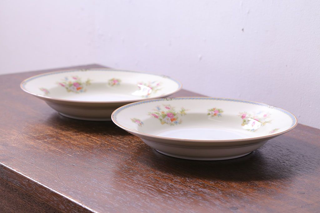 中古　ノリタケ(Noritake、則武)　柔らかな色味と花柄が愛らしいスープ皿(洋食器)2枚セット