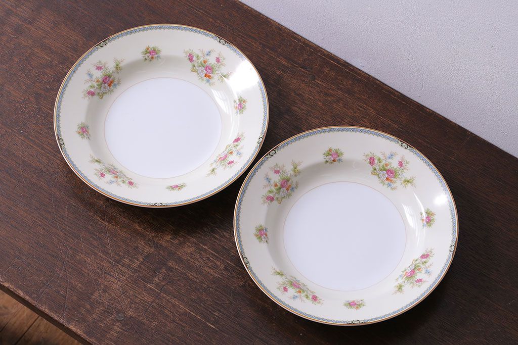 中古　ノリタケ(Noritake、則武)　柔らかな色味と花柄が愛らしいスープ皿(洋食器)2枚セット