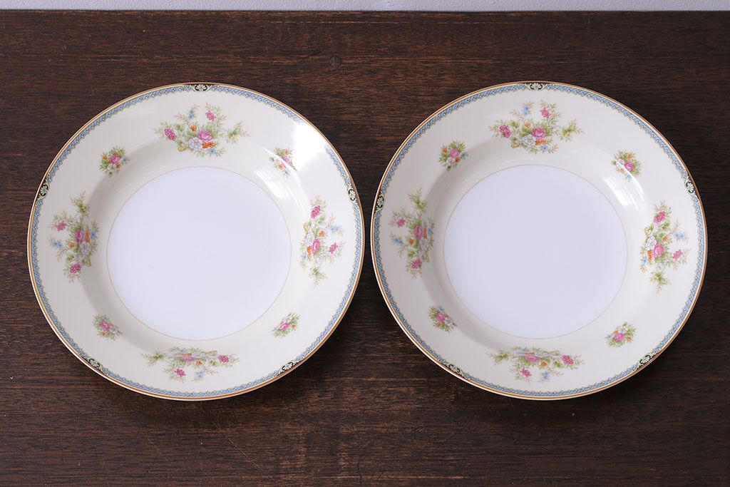 中古　ノリタケ(Noritake、則武)　柔らかな色味と花柄が愛らしいスープ皿(洋食器)2枚セット