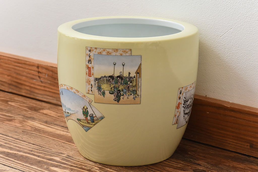 アンティーク雑貨　ノリタケ・則武(日陶)　「東海道五十三次」和の雰囲気漂う火鉢(手あぶり、鉢カバー、傘立て、ディスプレイ)(2)(R-028059)