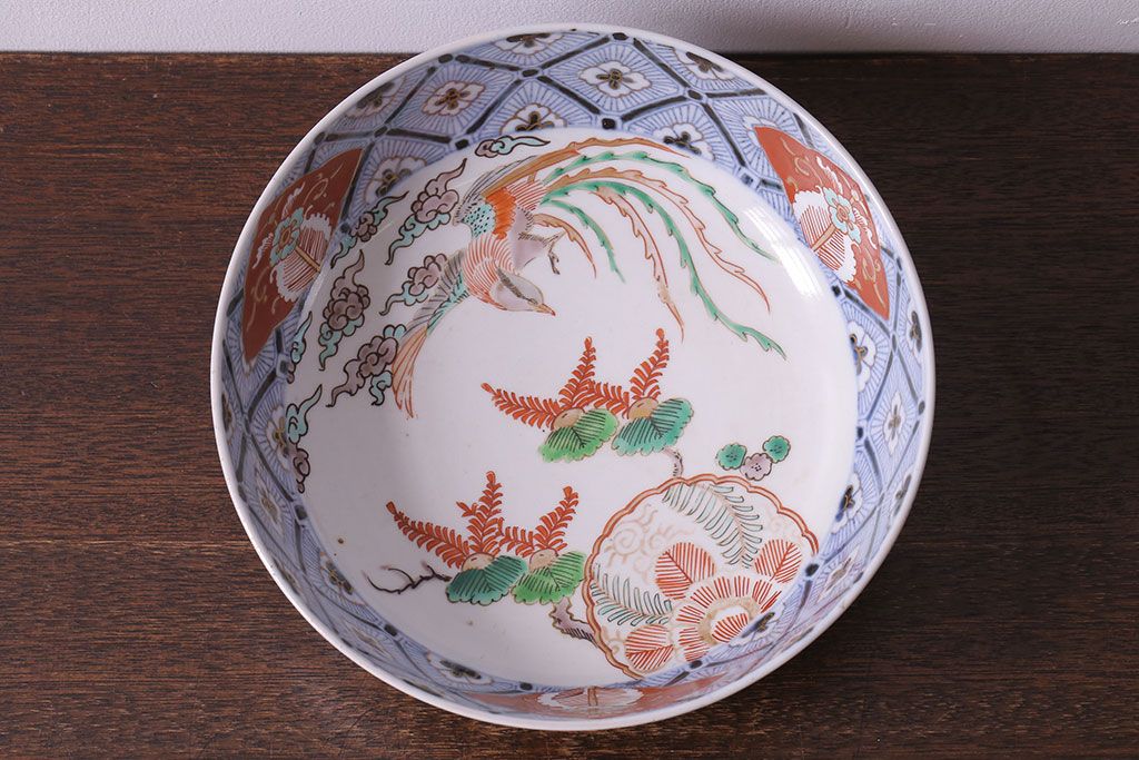 明治期　伊万里焼　鳥図　色絵深鉢(深皿)
