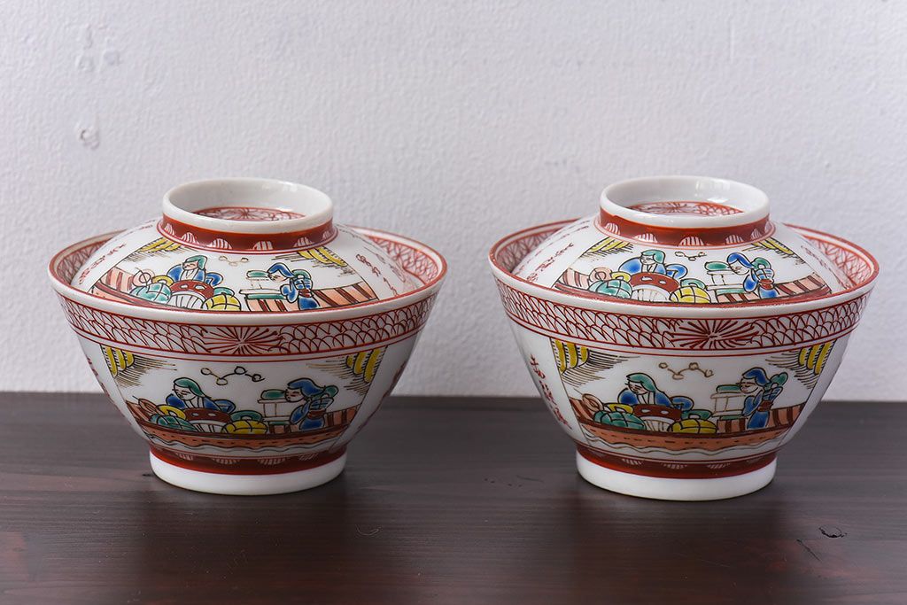 幕末〜明治期!　余白を美しく魅せる赤絵染付蓋茶碗2客セット(1)