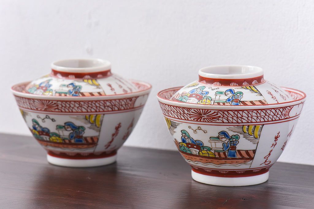 幕末〜明治期!　余白を美しく魅せる赤絵染付蓋茶碗2客セット(1)