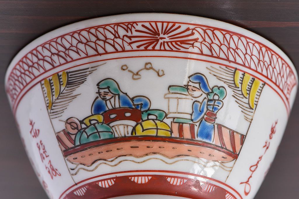 幕末〜明治期!　余白を美しく魅せる赤絵染付蓋茶碗2客セット(1)
