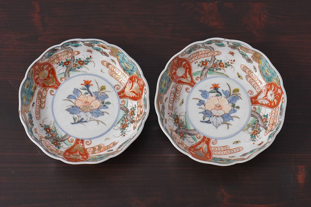 アンティーク雑貨　江戸期　古伊万里　牡丹と松のなます皿2枚セット(1)