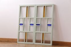 和製アンティーク　色ガラスの組み合わせが愛らしいペイントガラス戸(窓、ガラス引き戸、建具)2枚セット