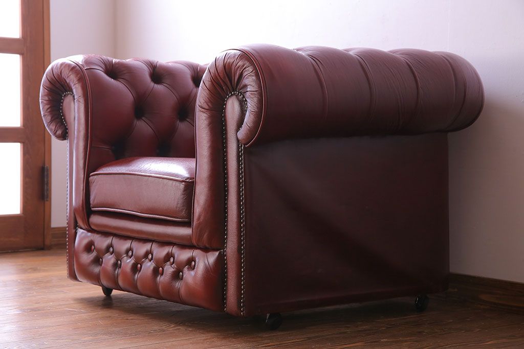 アンティーク家具　イギリス製　本革 1P ラグジュアリーなチェスターフィールドソファ