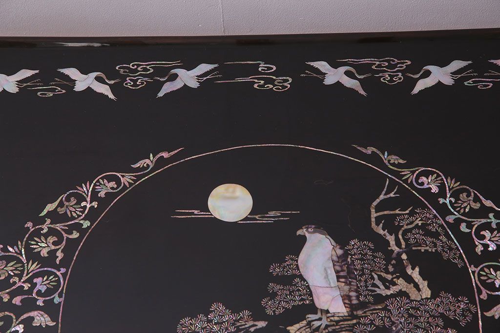 螺鈿細工　木製漆塗　韓国伝統工芸　螺鈿　ローテーブル　貝細工　折り畳み式　骨董