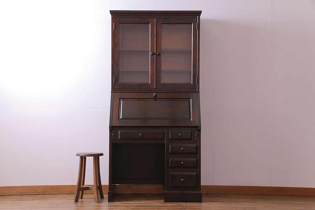 中古　北海道民芸家具　上品な雰囲気漂うビューローブックケース(ライティングビューロー、机、本箱、収納棚)(定価約49万円)
