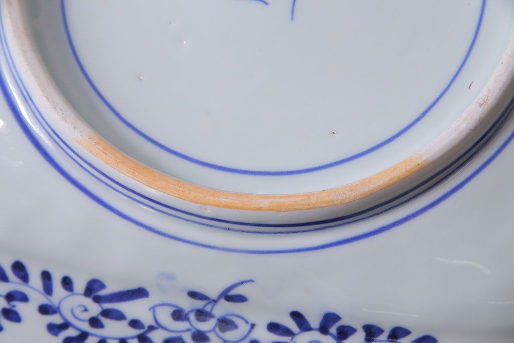 明治大正期　青磁　染付　牡丹梅鳥図角皿(和食器、大皿)