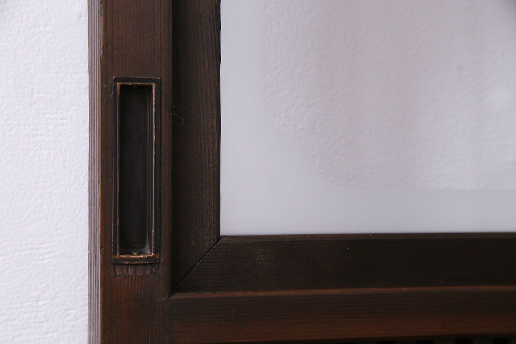 和製アンティーク　細い桟が美しい裏障子付き格子戸(建具、引き戸、ガラス帯戸)