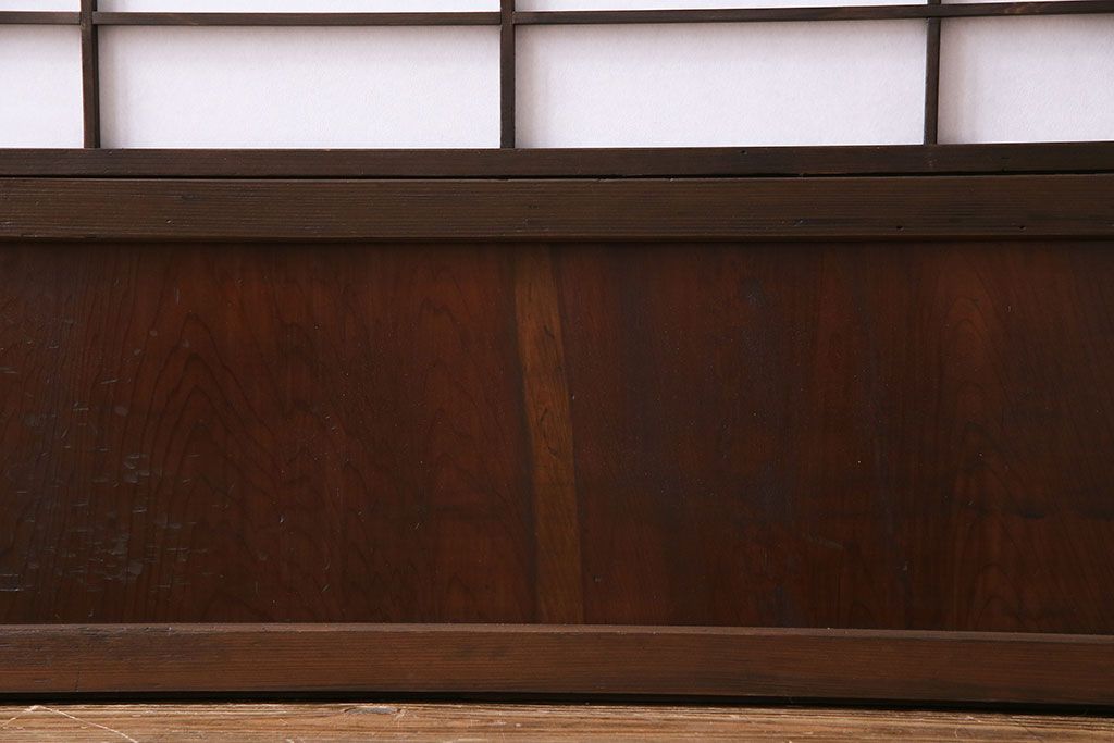和製アンティーク　細い桟が美しい裏障子付き格子戸(建具、引き戸、ガラス帯戸)2枚組