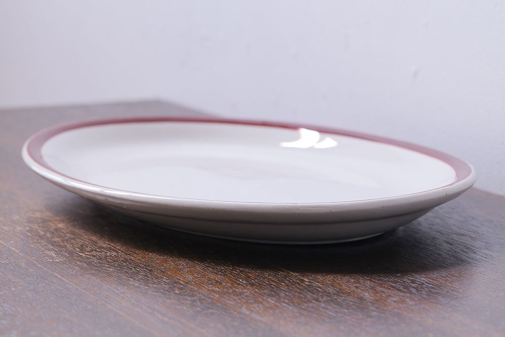 アンティーク雑貨　イギリス製　IRONSTONE　ワインレッドの縁がアクセントのオーバルプレート(長皿)