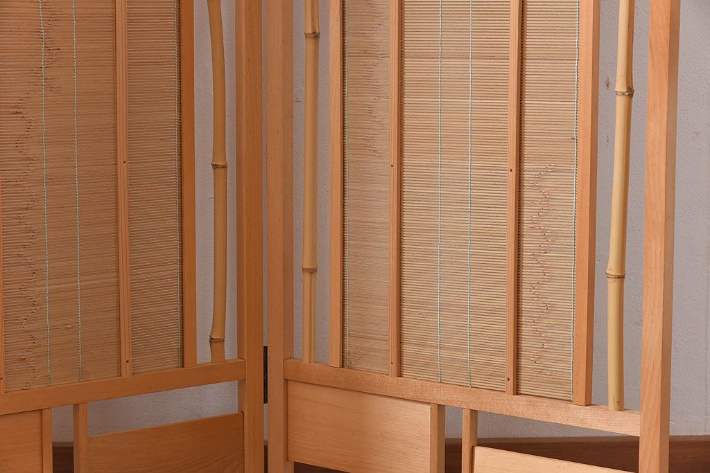 アンティーク雑貨　昭和期　竹を取り入れたモダンなデザインの四連折り畳み式パーテーション(衝立、仕切り)