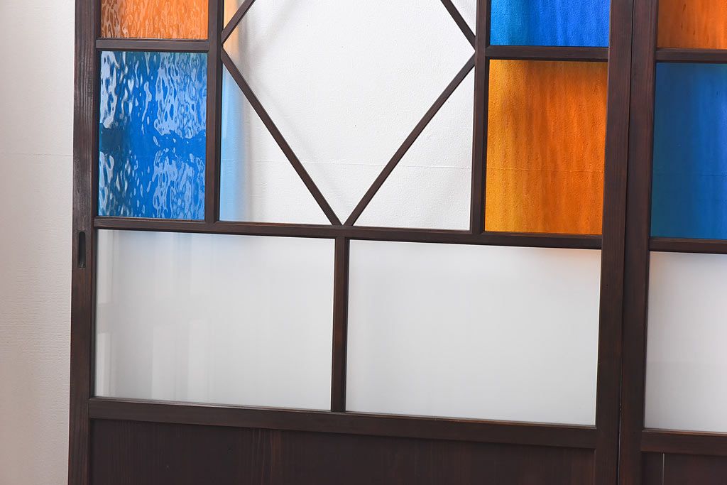 大正ロマン　色ガラス入り　レトロなデザインのガラス戸(引き戸、建具)4枚組