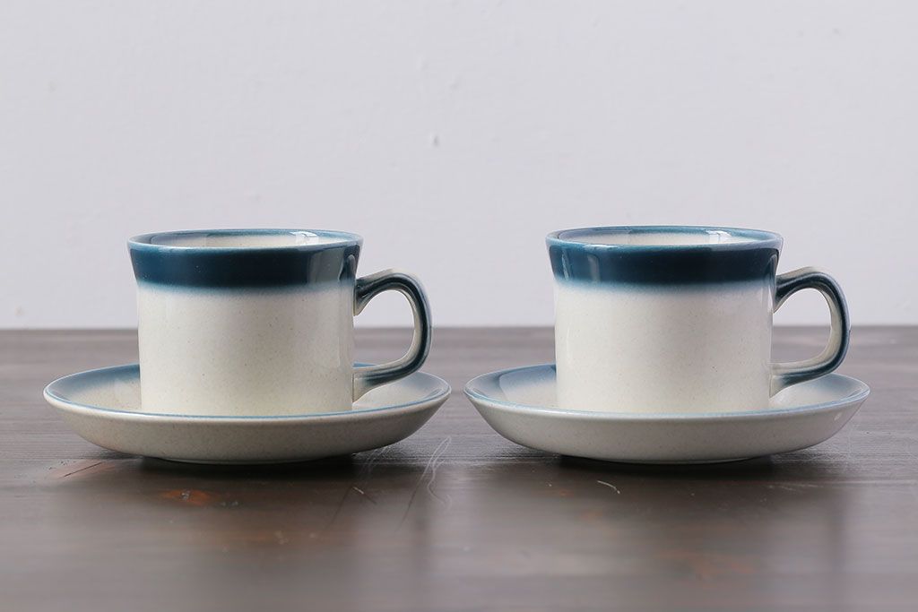 アンティーク雑貨　イギリスビンテージ　WEDGWOOD(ウェッジウッド)　BLUE PACIFIC(ブルーパシフィック)　カップ&ソーサー(洋食器、コーヒーカップ)2客セット