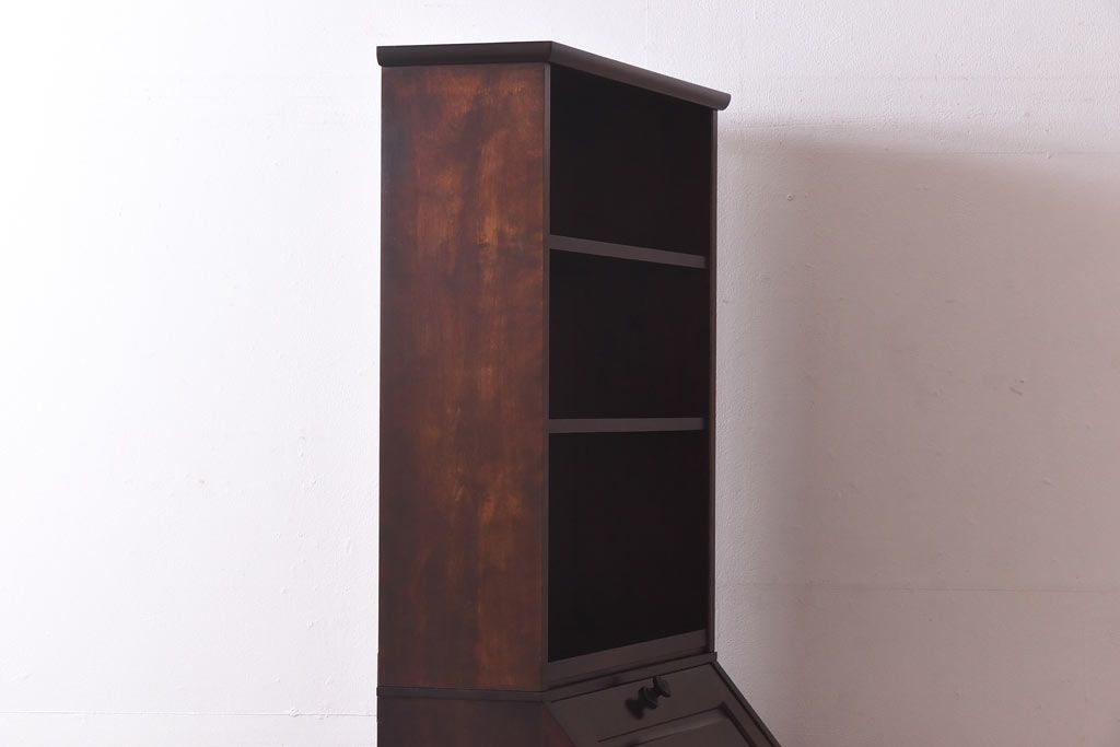 中古　北海道民芸家具　収納に便利な本棚のついたライティングビューロー(ビューローブックケース、簿記机)