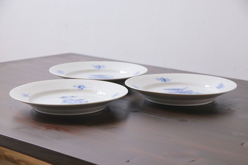 中古　ROYAL COPENHAGEN(ロイヤルコペンハーゲン)　ブルーフラワー　プレイン　25.5cmプレート3枚セット(大皿)