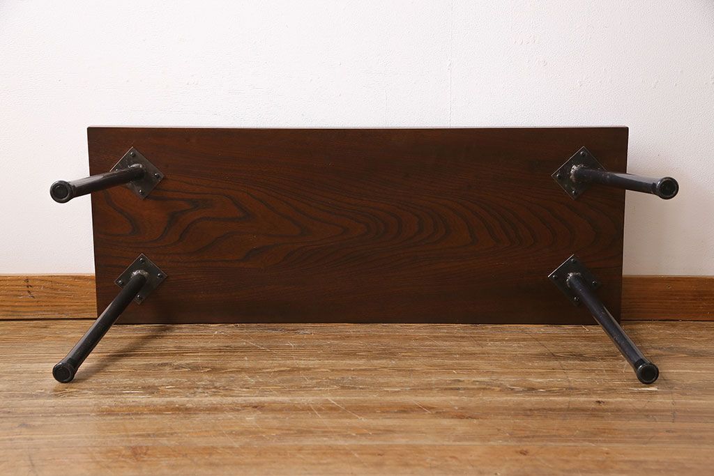 アンティーク雑貨　大正昭和初期　ケヤキ材一枚板　杢目が魅力的なリメイク鉄脚ベンチ(板座チェア、椅子)
