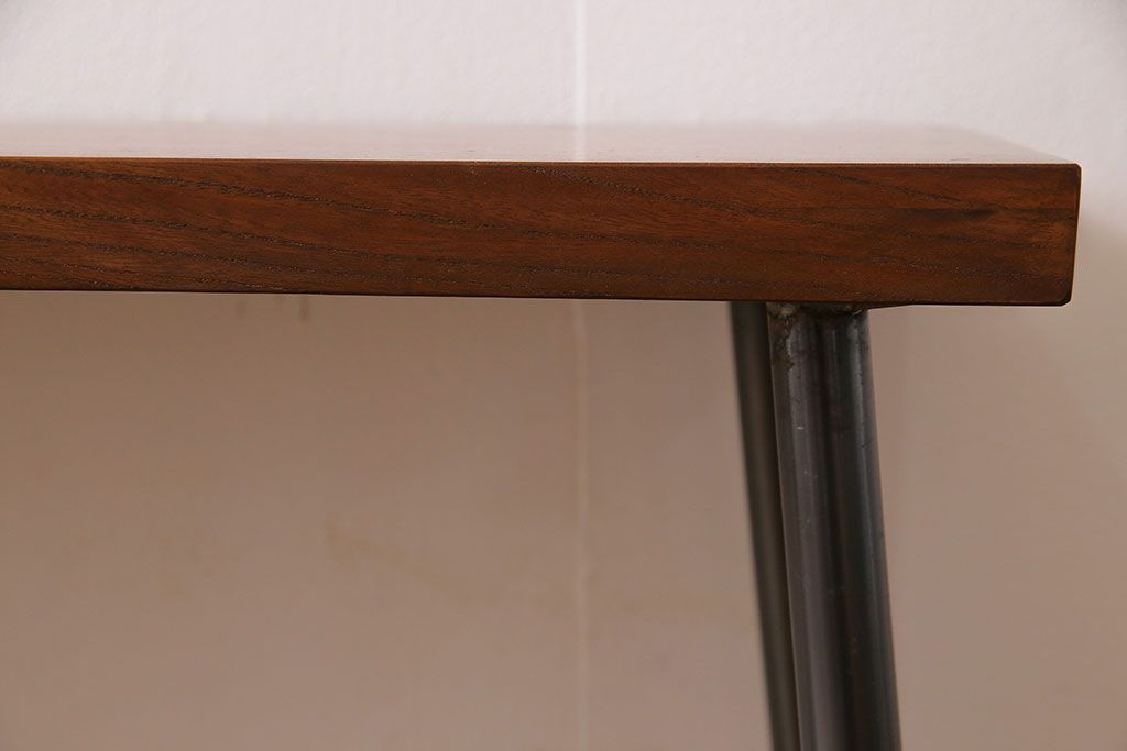 大正期　ケヤキ材一枚板　杢目が魅力的なリメイク鉄脚ベンチ(板座チェア、椅子)(1)