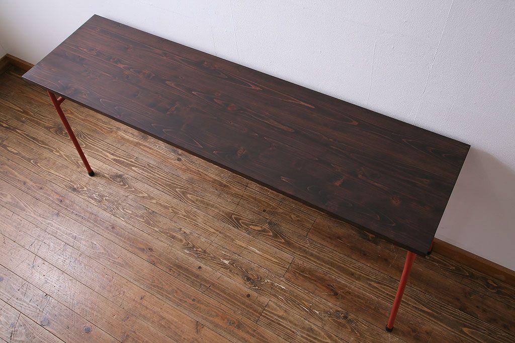 アンティーク家具　ヒノキ無垢材　コントラストが鮮やかなペイント鉄脚テーブル(作業台、カウンターテーブル)(1)