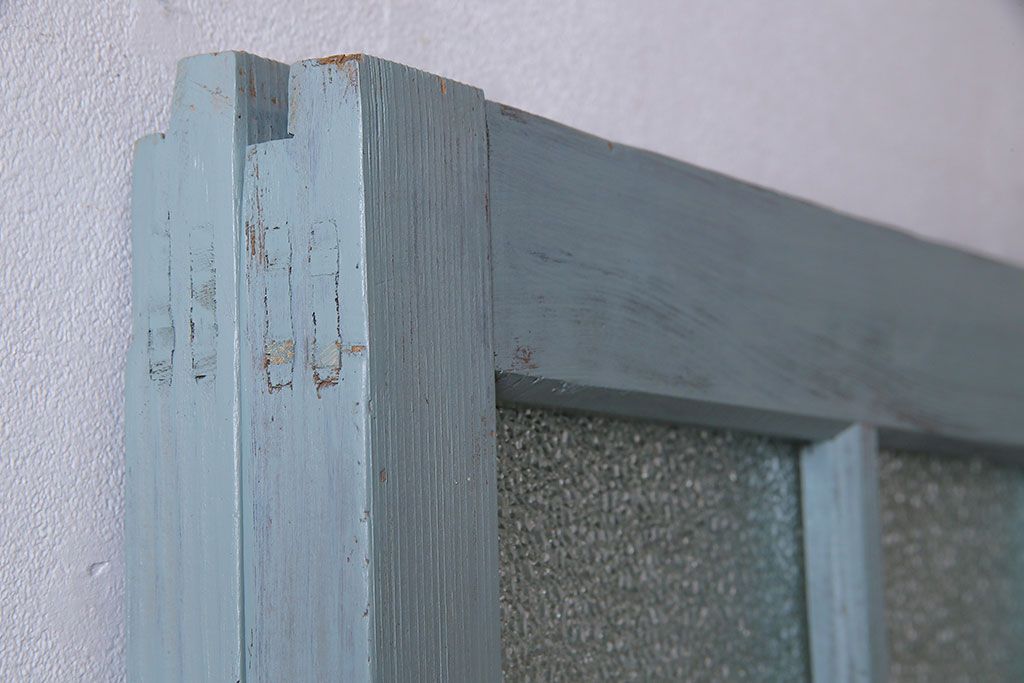 アンティーク建具　昭和初期　色ガラス・当時物ダイヤガラス入り!　シャビーな雰囲気が可愛いらしいペイントガラス戸2枚セット(2)