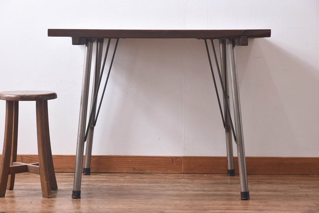 昭和中期 古材をリメイクした味わいのあるアイアンテーブル(作業台、カフェテーブル) | ラフジュ工房