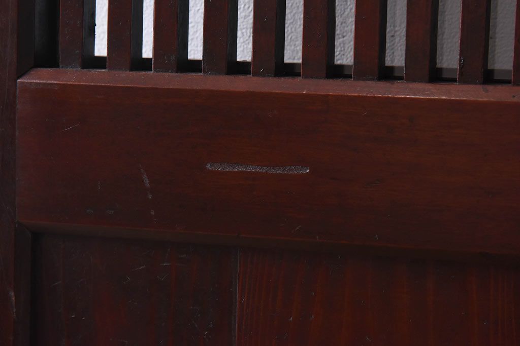 和製アンティーク　漆塗り　幅狭　縦桟がおしゃれなガラス入り格子蔵戸(ガラス引き戸、格子戸、建具、玄関戸)