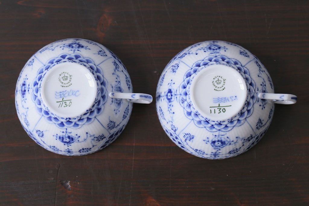 アンティーク雑貨　中古　ROYAL COPENHAGEN(ロイヤルコペンハーゲン)　ブルーフルーテッド　フルレース　カップ&ソーサー(ティーカップ、洋食器)2客セット(定価約8万6千円)(2)