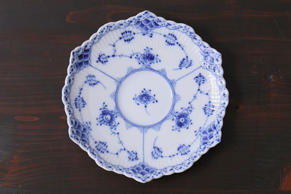 アンティーク雑貨　中古　ROYAL COPENHAGEN(ロイヤルコペンハーゲン)　ブルーフルーテッド　フルレース　カップ&ソーサー(ティーカップ、洋食器)2客セット(定価約8万6千円)(2)
