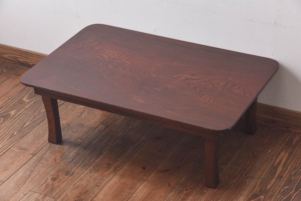 レトロ家具　昭和レトロ　栓材一枚板　和を感じる木目の角ちゃぶ台(座卓、ローテーブル)