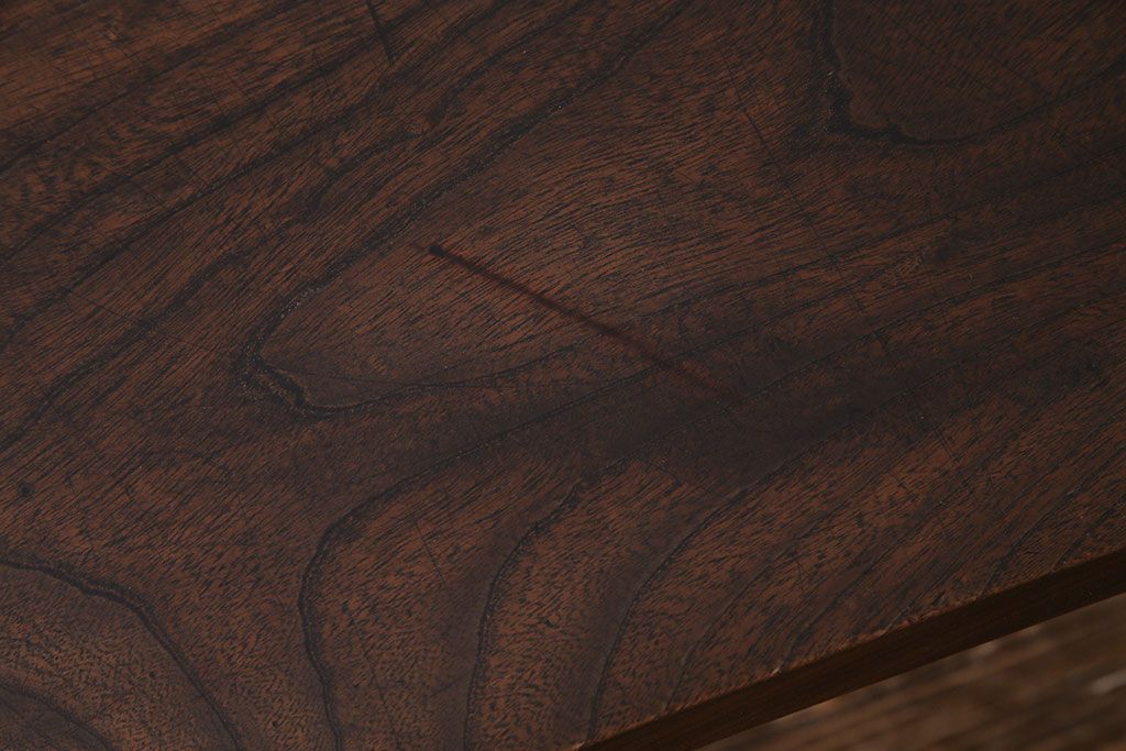 古材リメイク　天板ケヤキ材　ダイナミックな木目の鉄脚テーブル(作業台、コンソールテーブル)