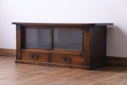 レトロ家具　昭和レトロ　栓材　花のようなカットが愛らしいオリジナルガラス入り戸棚(収納棚、ローボード)