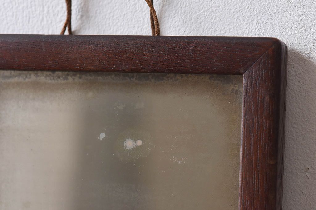 アンティーク雑貨　昭和初期　ケヤキ材製　古い木の味わいあるウォールミラー(鏡)