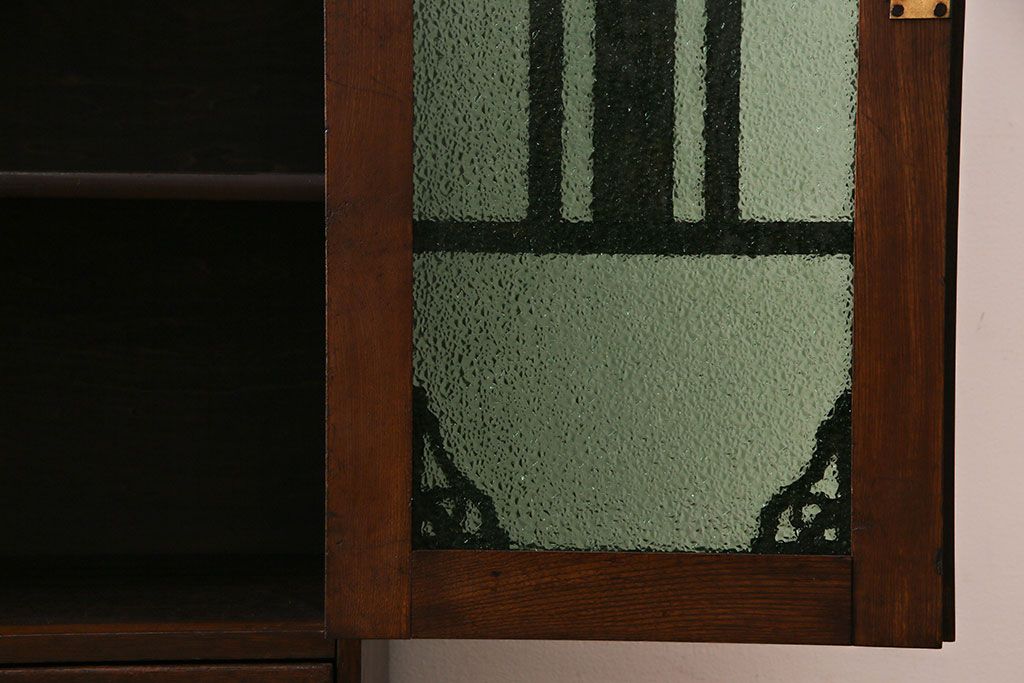 アンティーク家具　昭和初期　当時物色ガラス　大正ロマンの雰囲気を留める色ガラス入り本箱(収納棚、戸棚、キャビネット)