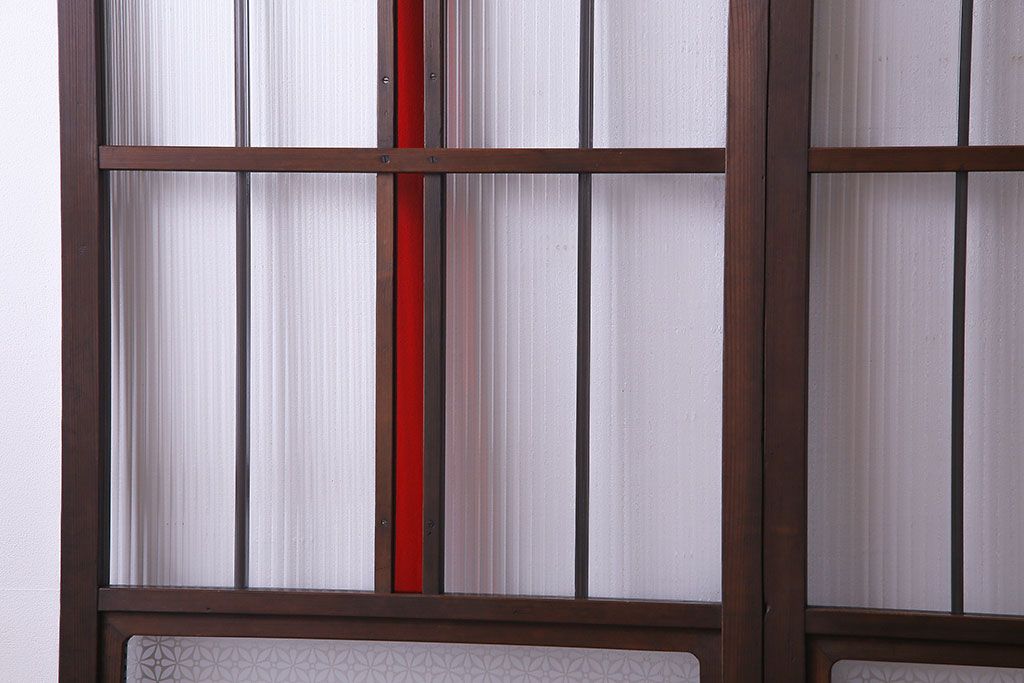 赤い色ガラスがおしゃれな花模様カットガラス入り帯戸(ガラス帯戸、ガラス戸、引き戸、建具)4枚セット