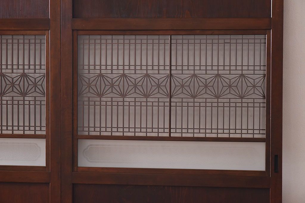 昭和初期　デザインガラス入り　上質な組子が目を惹くガラス帯戸4枚セット(ガラス戸、格子戸)