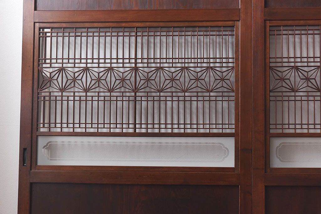 昭和初期　デザインガラス入り　上質な組子が目を惹くガラス帯戸4枚セット(ガラス戸、格子戸)