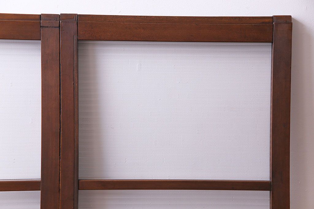 昭和レトロ　モールガラス入り　ナチュラルな木製フレームのガラス戸(窓、引き戸、建具)2枚組