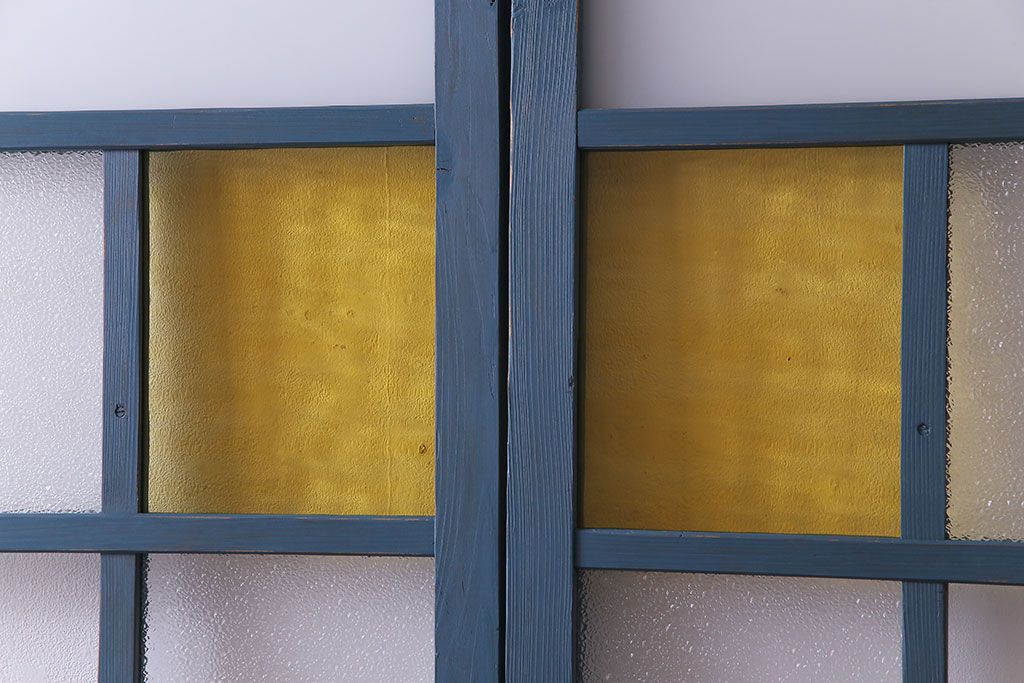 昭和初期　ペイント建具　色ガラスがアクセントになったペイントガラス戸2枚セット(引き戸、建具)