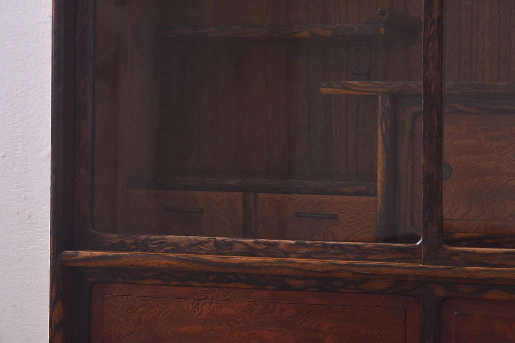 アンティーク家具　古民具・骨董　上手物　黒柿のクジャク杢が美しい指物の茶箪笥(収納棚、戸棚)