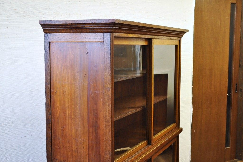 アンティーク家具　古いナラ材の大きな二段重ね収納棚