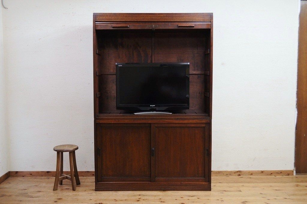 アンティーク家具　高級品　古いナラ材の上質なロールトップキャビネット(収納棚、本棚、本箱、ブックケース)
