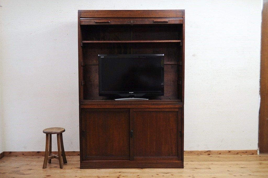 アンティーク家具　高級品　古いナラ材の上質なロールトップキャビネット(収納棚、本棚、本箱、ブックケース)