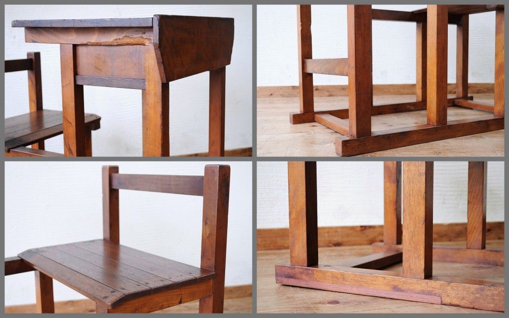 アンティーク家具　希少!古い学校の一体式机(椅子)
