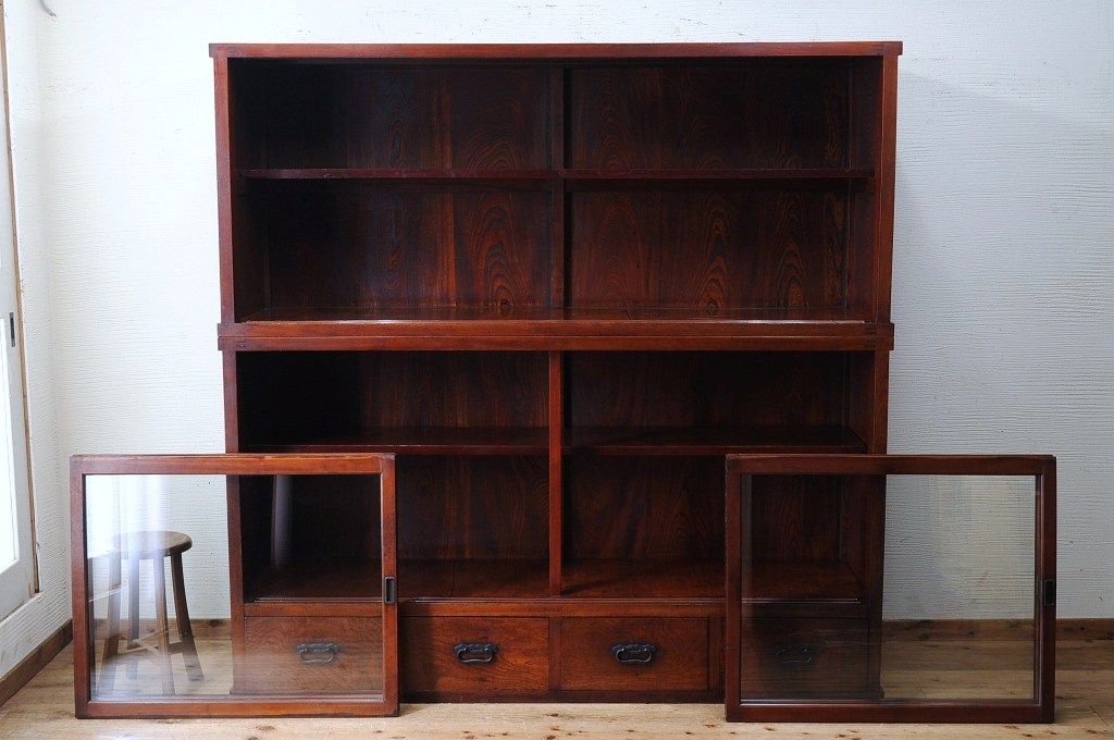アンティーク家具 総欅!漆の綺麗な二段重ね収納棚 ラフジュ工房